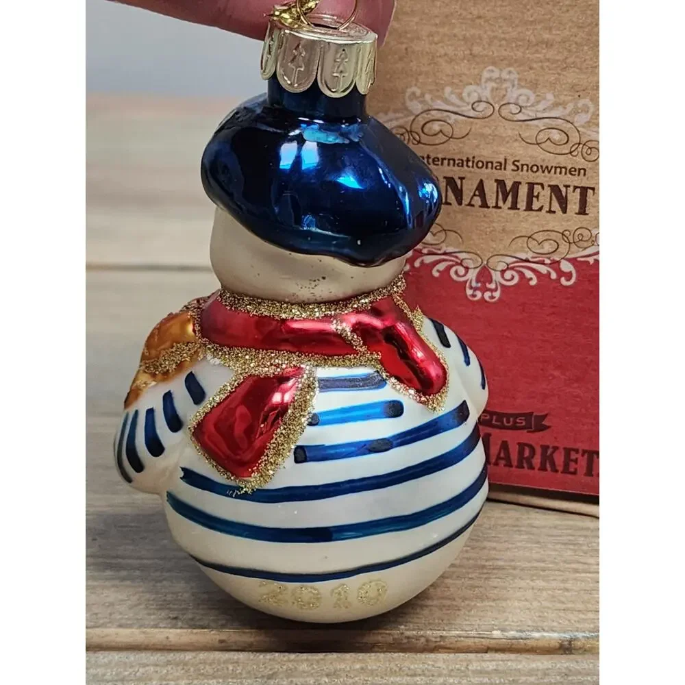 French Snowman Ornament Blown Glass Beret Wine Baguette Old World 2010